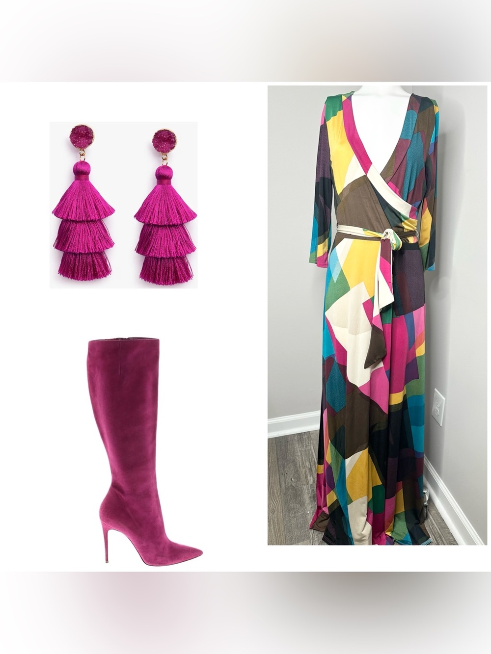 Janette Multicolor Geometric Wrap  style Maxi Dress- large